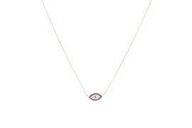 Γυναικείο κολιέ μάτι κορυφαίας ποιότητας από ασήμι 925 επιχρυσωμένο σε ροζ χρυσό με πέτρες ζιργκόν σε μπλε και λευκό χρώμα.
