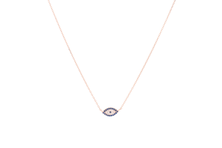 Γυναικείο κολιέ μάτι κορυφαίας ποιότητας από ασήμι 925 επιχρυσωμένο σε ροζ χρυσό με πέτρες ζιργκόν σε μπλε και λευκό χρώμα.