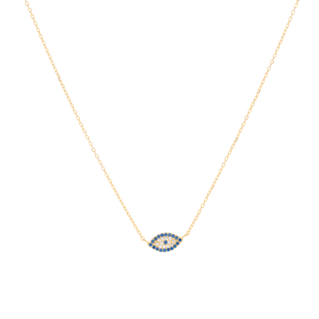 Γυναικείο κολιέ μάτι κορυφαίας ποιότητας από ασήμι 925 επιχρυσωμένο σε κίτρινο χρυσό με πέτρες ζιργκόν σε μπλε και λευκό χρώμα.