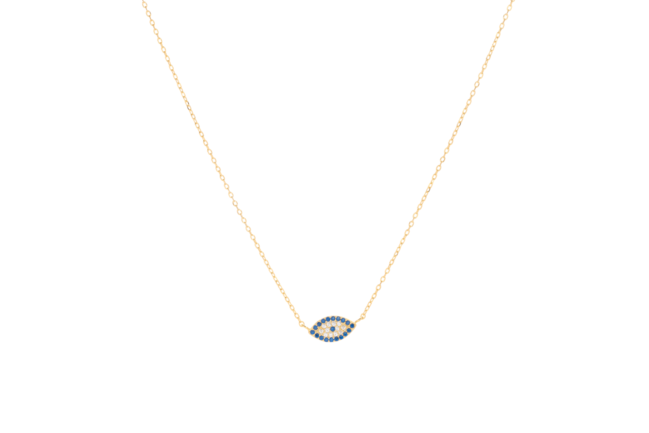 Γυναικείο κολιέ μάτι κορυφαίας ποιότητας από ασήμι 925 επιχρυσωμένο σε κίτρινο χρυσό με πέτρες ζιργκόν σε μπλε και λευκό χρώμα.